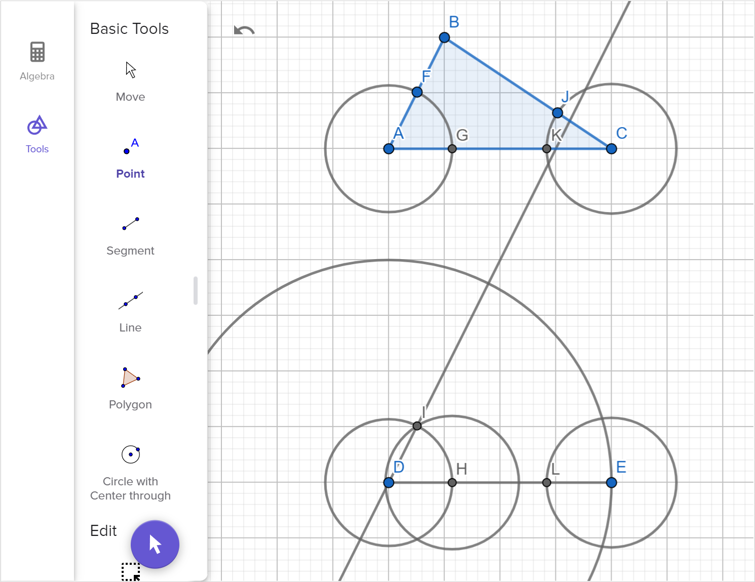 A screenshot of the GeoGebra Geometry tool showing how to construct a copy of triangle A B C using two angles and one side. Speak to your teacher for more details.