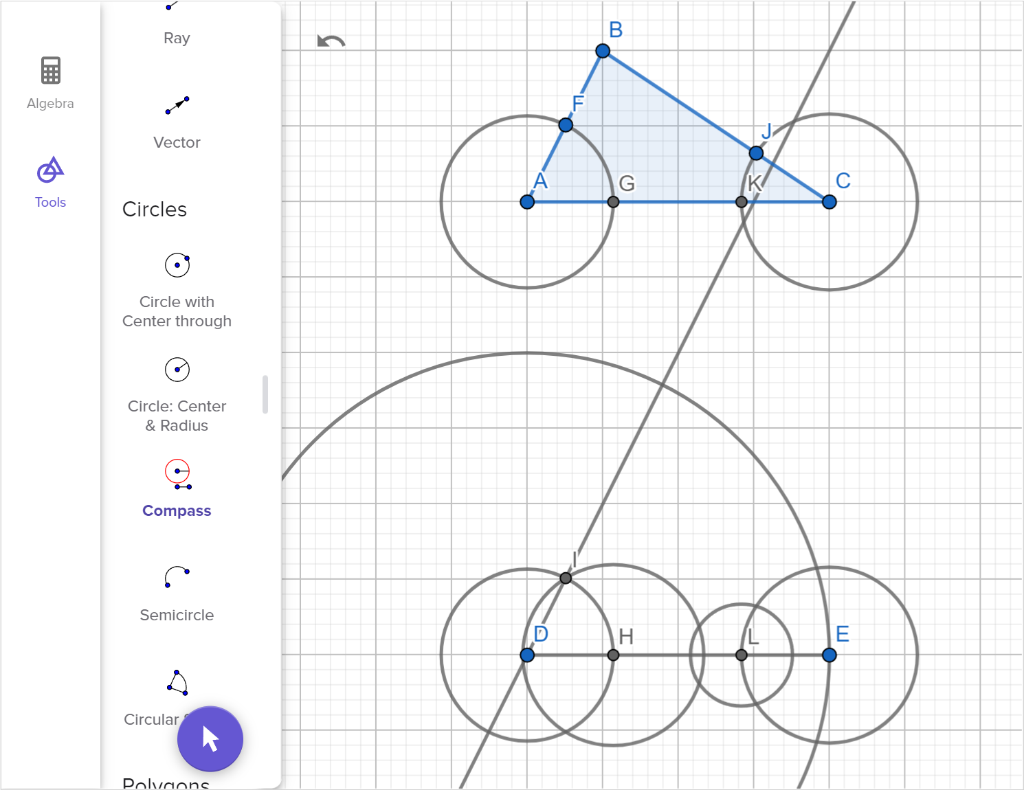 A screenshot of the GeoGebra Geometry tool showing how to construct a copy of triangle A B C using two angles and one side. Speak to your teacher for more details.