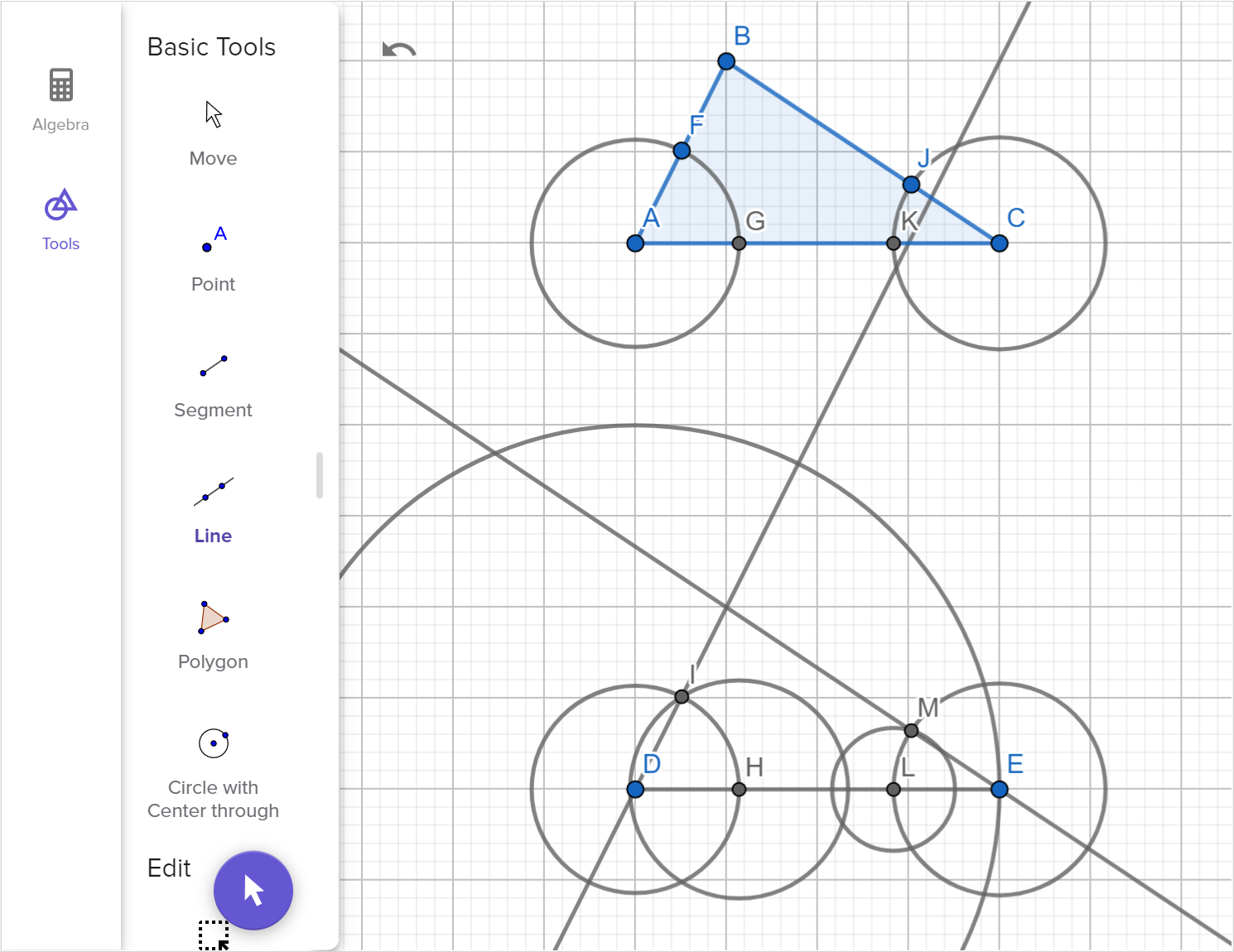 A screenshot of the GeoGebra Geometry tool showing how to construct a copy of triangle A B C using two angles and one side. Speak to your teacher for more details.