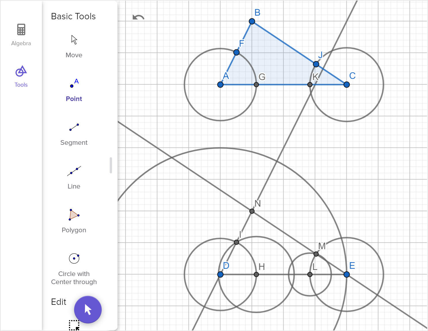 A screenshot of the GeoGebra Geometry tool showing how to construct a copy of triangle A B C using two angles and one side. Speak to your teacher for more details.