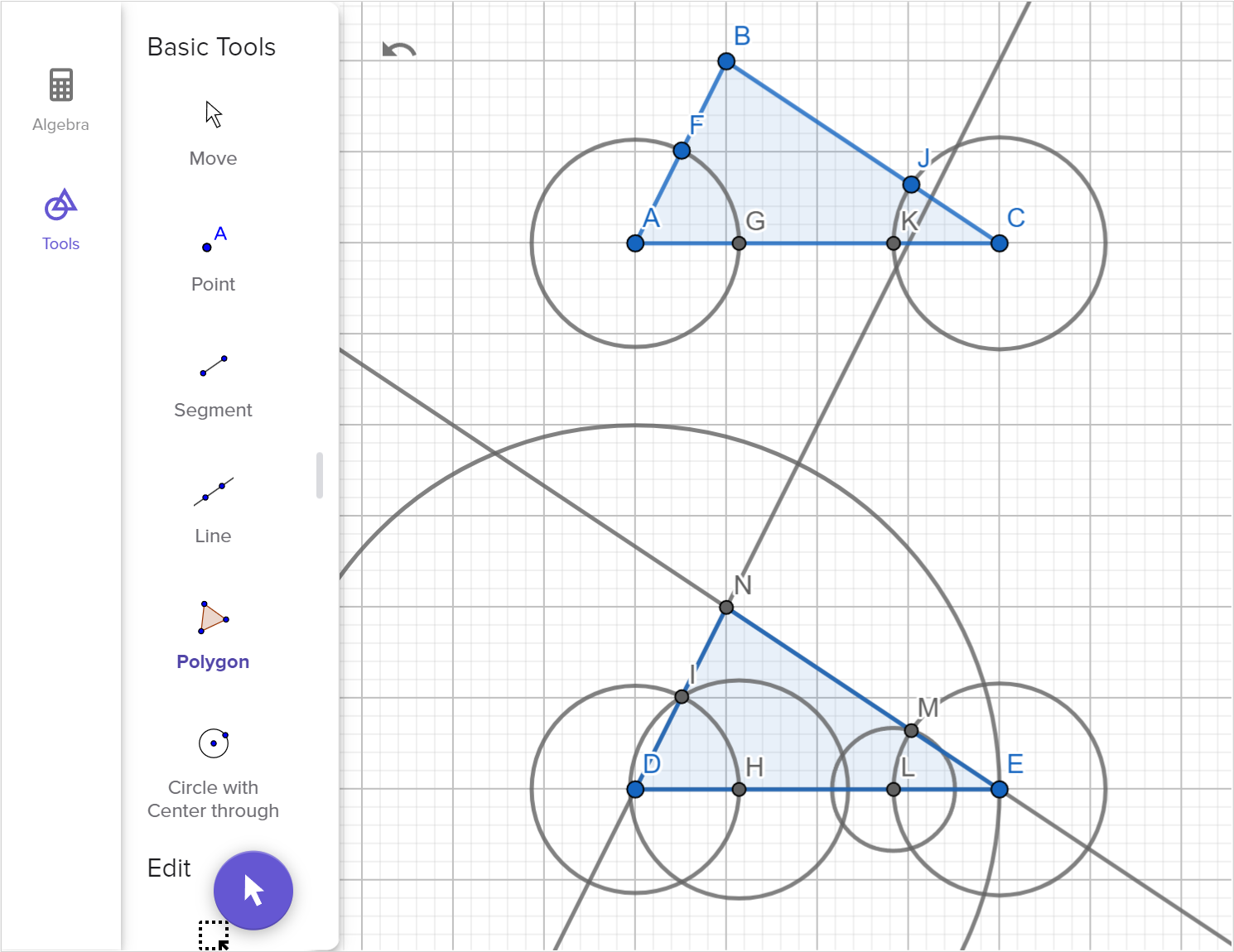 A screenshot of the GeoGebra Geometry tool showing how to construct a copy of triangle A B C using two angles and one side. Speak to your teacher for more details.