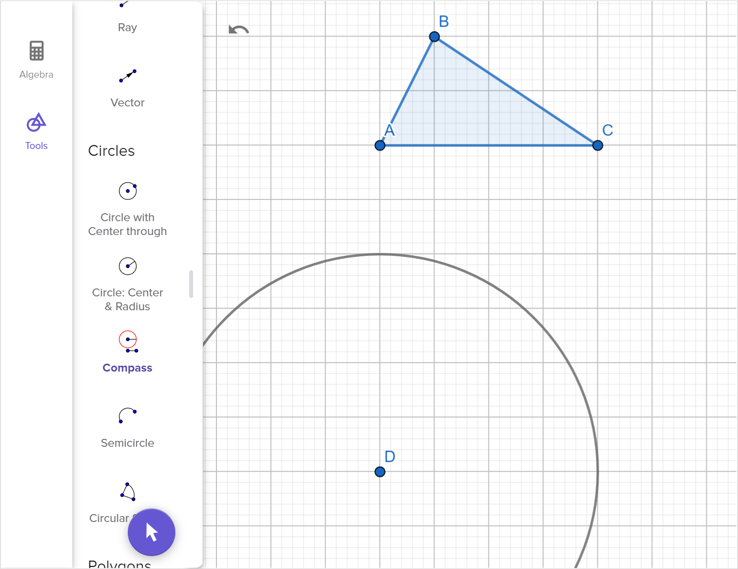 A screenshot of the GeoGebra Geometry tool showing how to construct a copy of triangle A B C using two angles and one side. Speak to your teacher for more details.