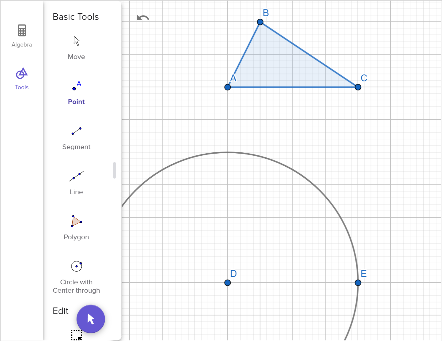 A screenshot of the GeoGebra Geometry tool showing how to construct a copy of triangle A B C using two angles and one side. Speak to your teacher for more details.