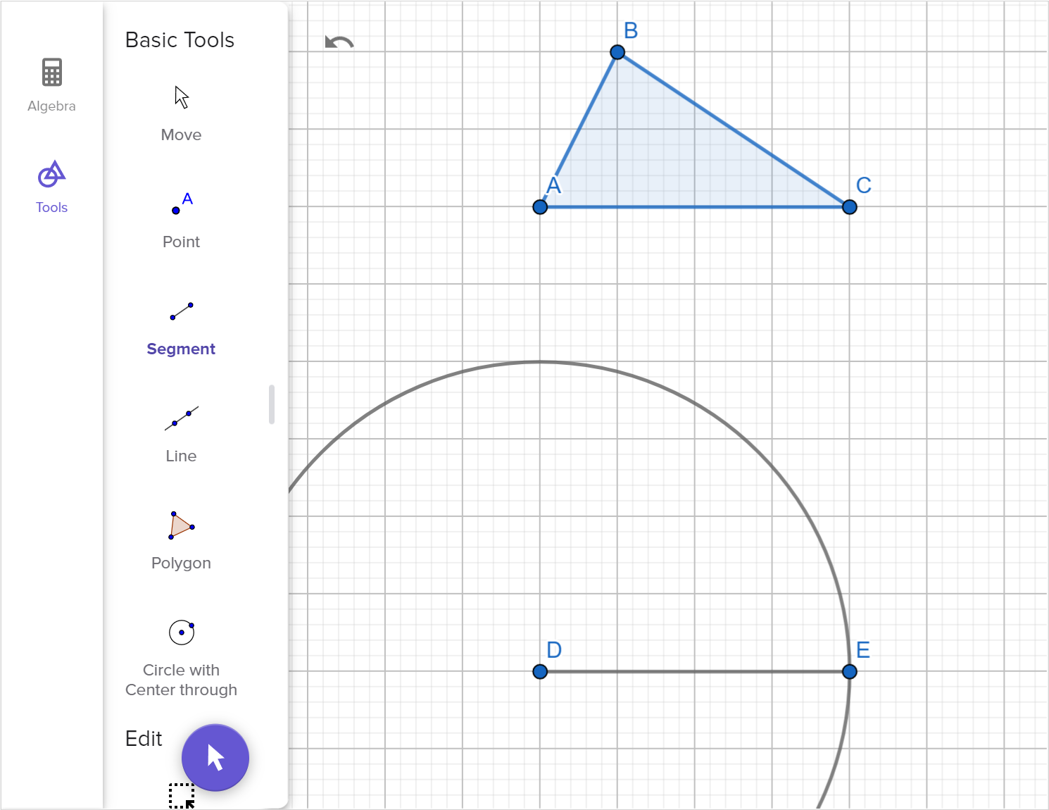 A screenshot of the GeoGebra Geometry tool showing how to construct a copy of triangle A B C using two angles and one side. Speak to your teacher for more details.