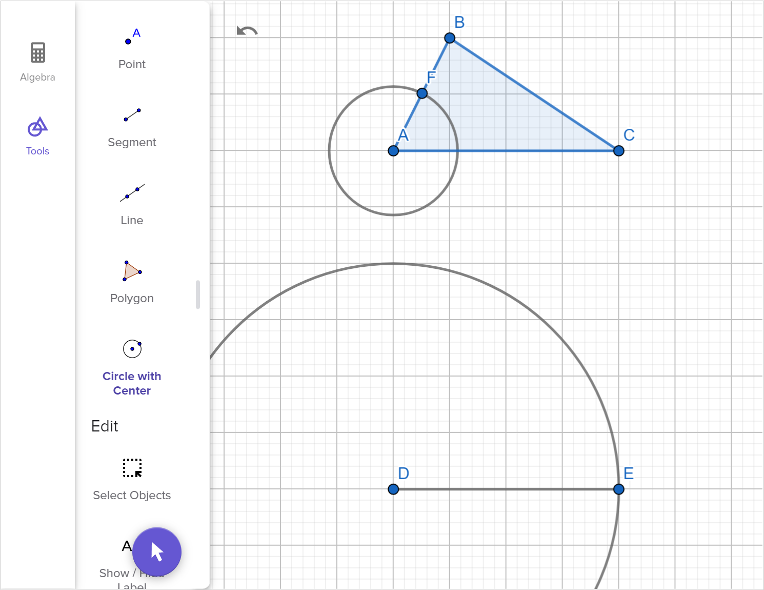 A screenshot of the GeoGebra Geometry tool showing how to construct a copy of triangle A B C using two angles and one side. Speak to your teacher for more details.