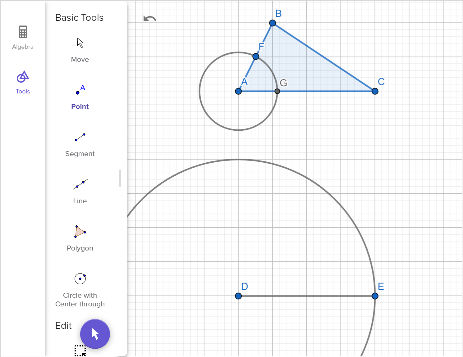 A screenshot of the GeoGebra Geometry tool showing how to construct a copy of triangle A B C using two angles and one side. Speak to your teacher for more details.