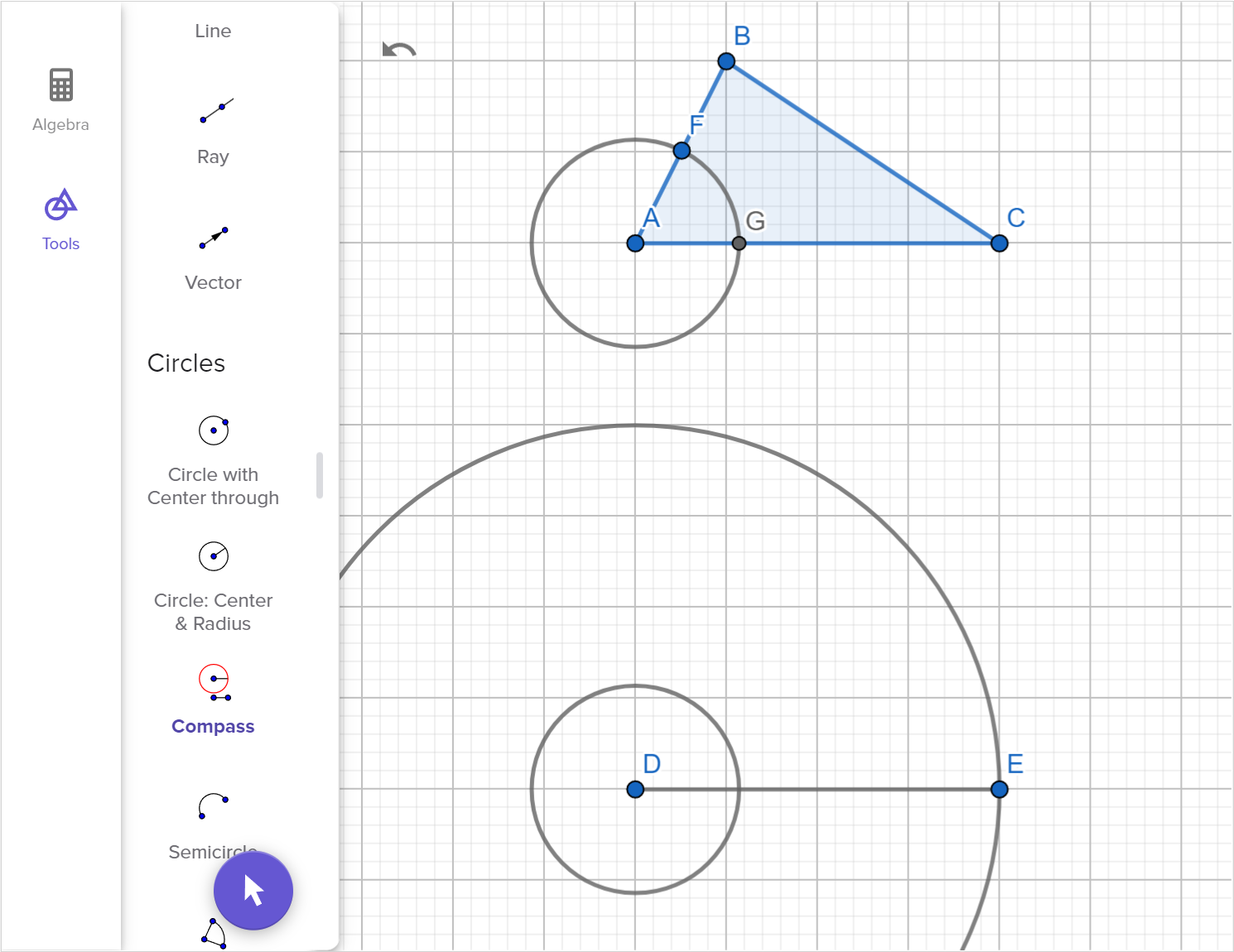 A screenshot of the GeoGebra Geometry tool showing how to construct a copy of triangle A B C using two angles and one side. Speak to your teacher for more details.