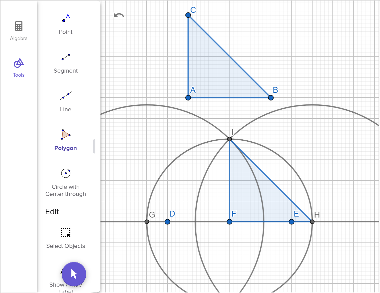 A screenshot of the GeoGebra geometry tool showing how to create a copy of right triangle A B C. Speak to your teacher for more details.