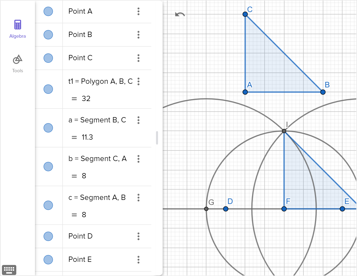 A screenshot of the GeoGebra geometry tool showing the lengths of side A B, B C and C A of triangle A B C. Speak to your teacher for more details.