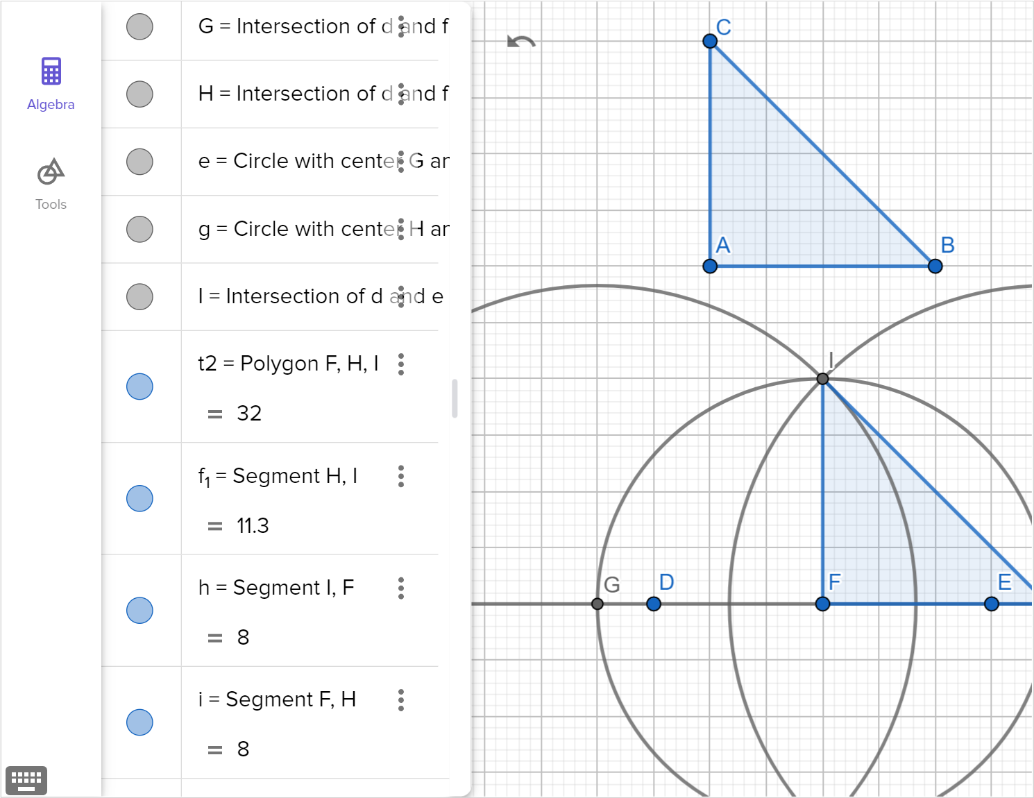 A screenshot of the GeoGebra geometry tool showing the lengths of side H I, I F and F H of triangle F H I. Speak to your teacher for more details.