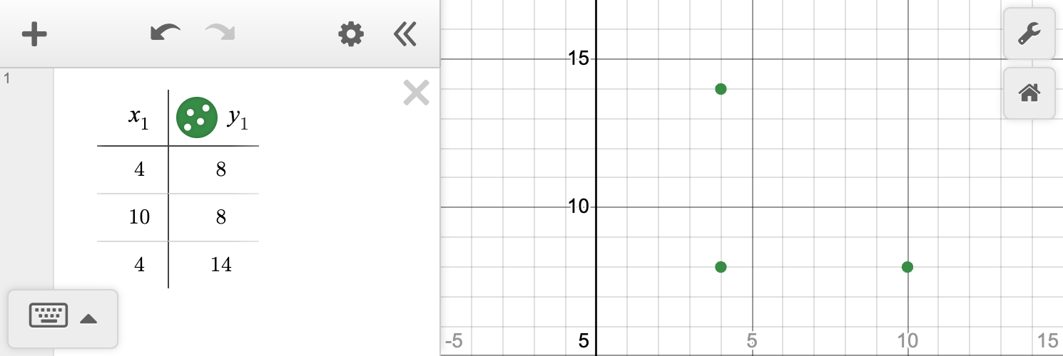 A screenshot of the Desmos graphing calculator showing how to enter the coordinates of a polygon into a table. Ask your teacher for more information.