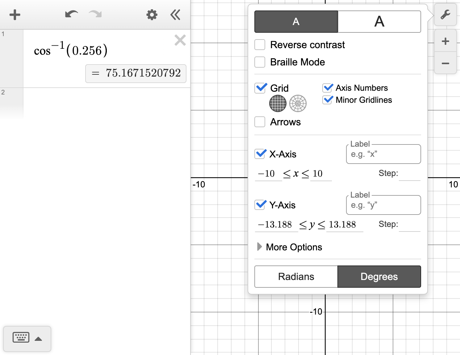 A screenshot of the Desmos graphing calculator showing cos raised to the negative 1 with 0.256 in parentheses, and this expression is equal to 75.1671520792. The settings menu is open. Ask your teacher for more information.