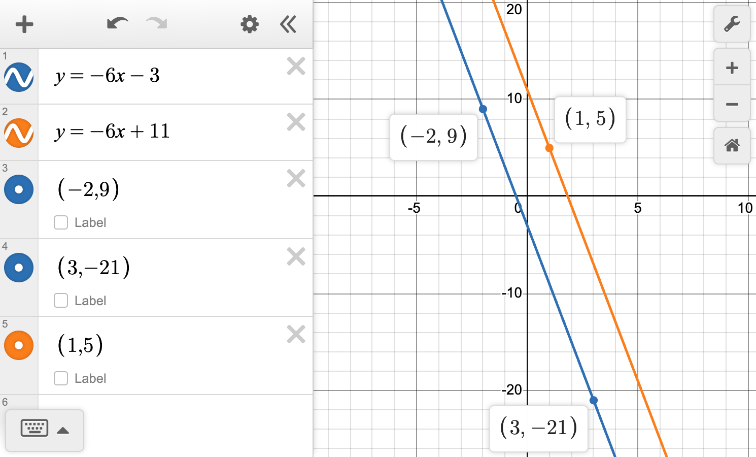 A screenshot of the Desmos graphing calculator showing the line y equals negative 6 minus 3 with the points -2 comma 9 and 3 comma -21 highlighted on line and showing the line y equals negative 6 plus 11 with the point 1 comma 5 highlighted.