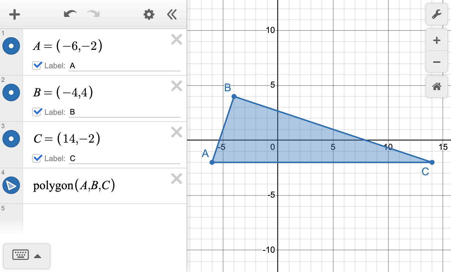 A screenshot of the Desmos graphing calculator showing polygon A B C. Point A has coordinates -6 comma -2, point B has coordinates -4 comma 4, and point C has coordinates 14 comma -2.