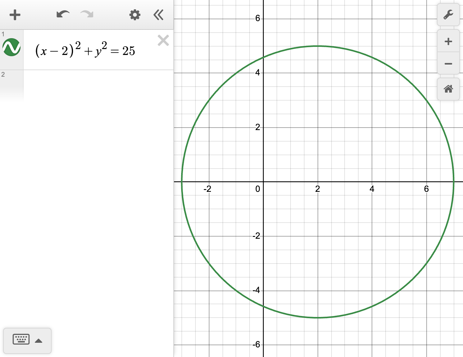 A screenshot of the Desmos graphing calculator with x minus 2 quantity squared plus y squared equals 25 in the input line and a circle graphed in the coordinate plane. Ask your teacher for more information.