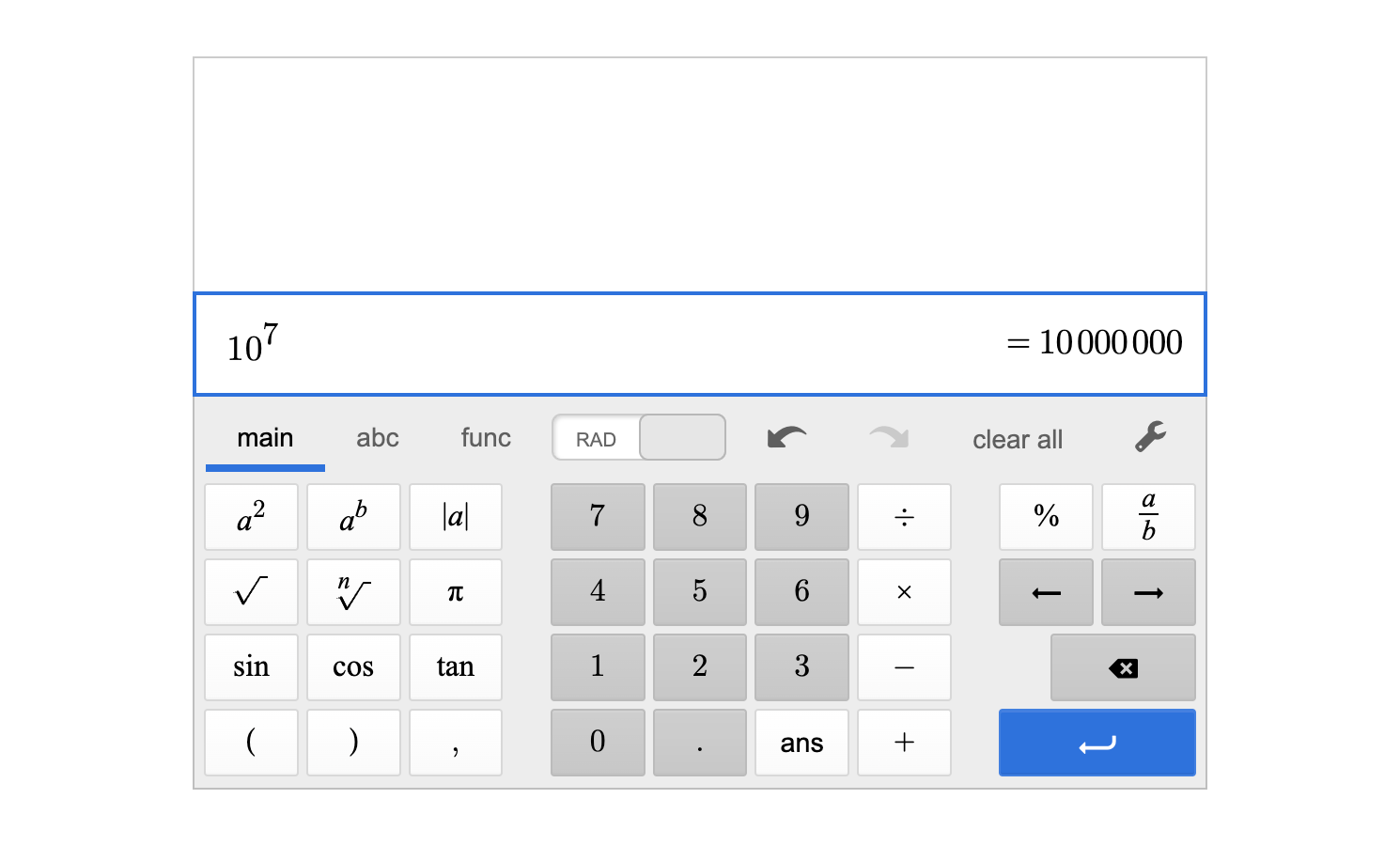A screenshot of the Desmos scientific calculator showing 10 raised to the 7th power is equal to 10000000.