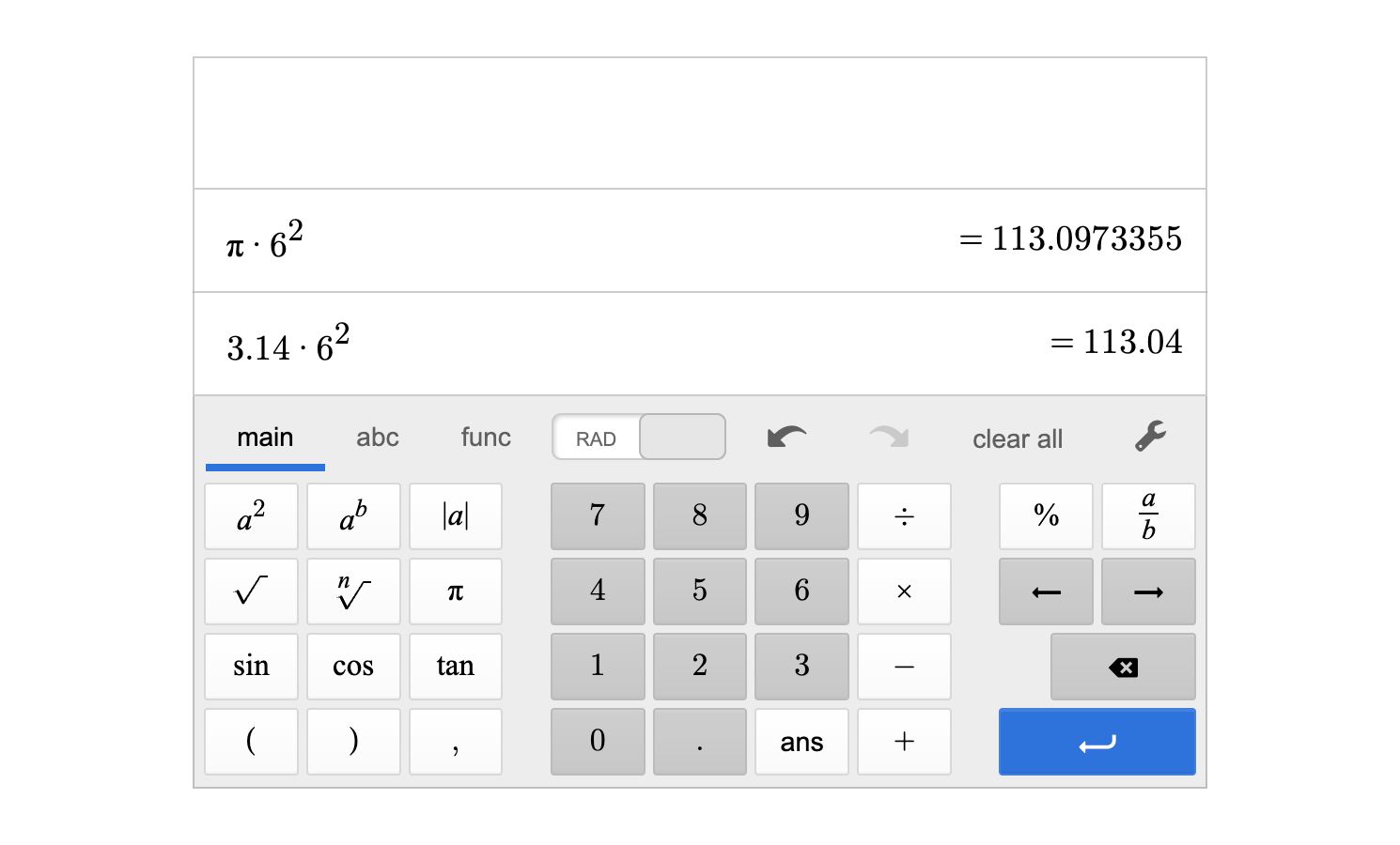 A screenshot of the Desmos scientific calculator showing pi times 6 squared is equal to 113.0973355 in the first input line, and 3.14 times 6 squared is equal to 113.04 in the second input line.