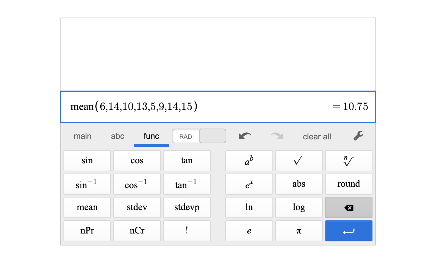 A screenshot of the Desmos scientific calculator showing the mean of 6, 14, 10, 13, 5, 9, 14, and 15 is 10.75.