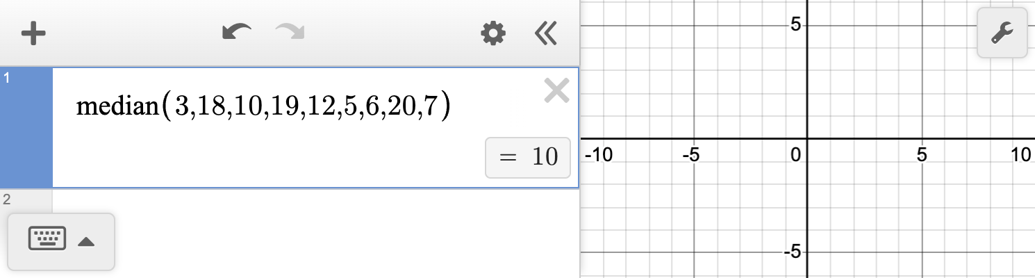 A screenshot of the Desmos graphing calculator showing the median of 3, 18, 10, 19, 12, 5, 6, 20, and 7 is 10.