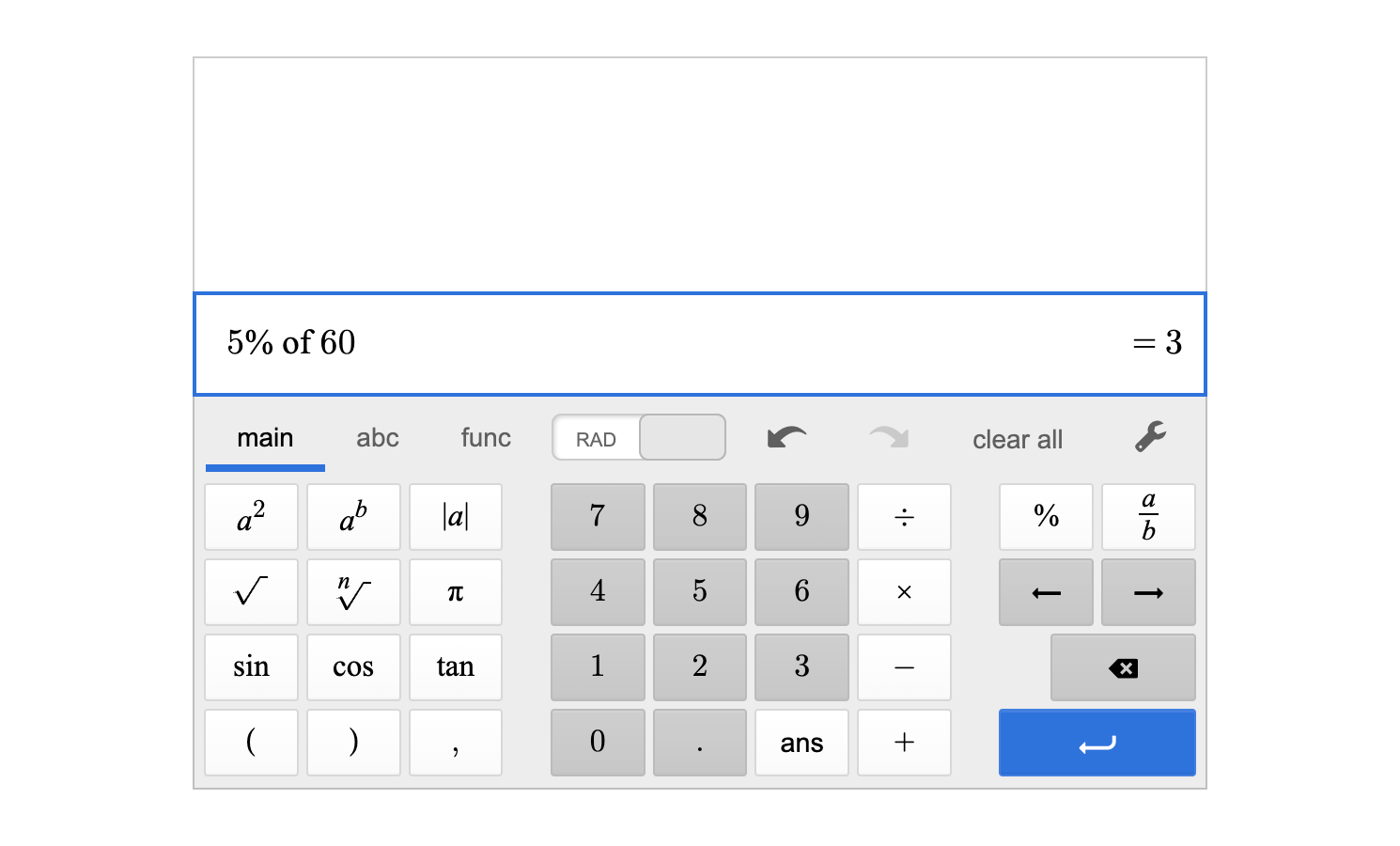 A screenshot of the Desmos scientific calculator showing 5 percent of 60 is equal to 3.