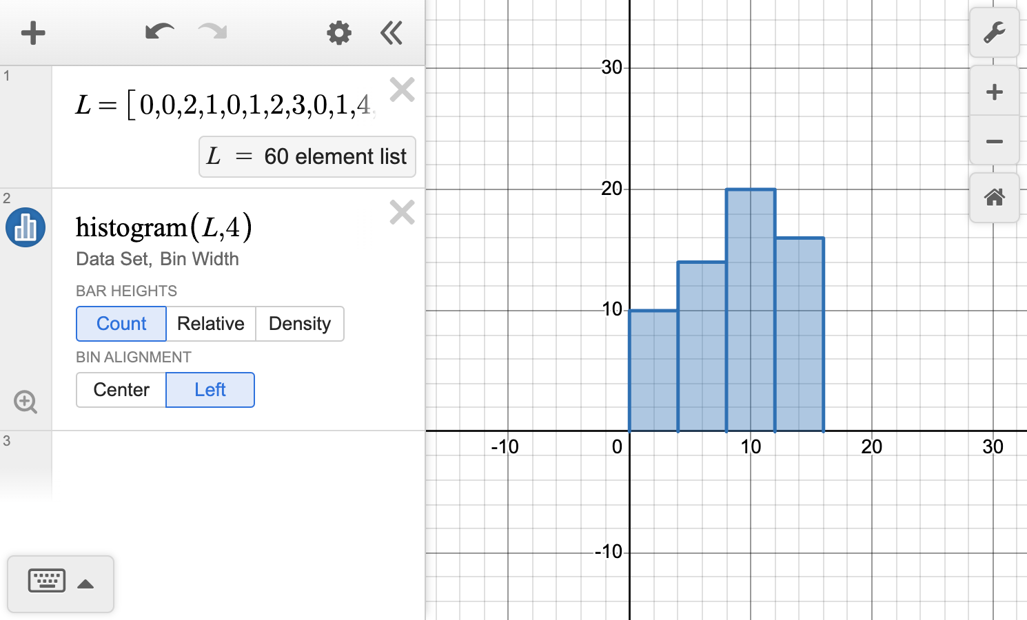 A screenshot of the Desmos graphing calculator showing how to generate the histogram of a given data set. Speak to your teacher for more details.