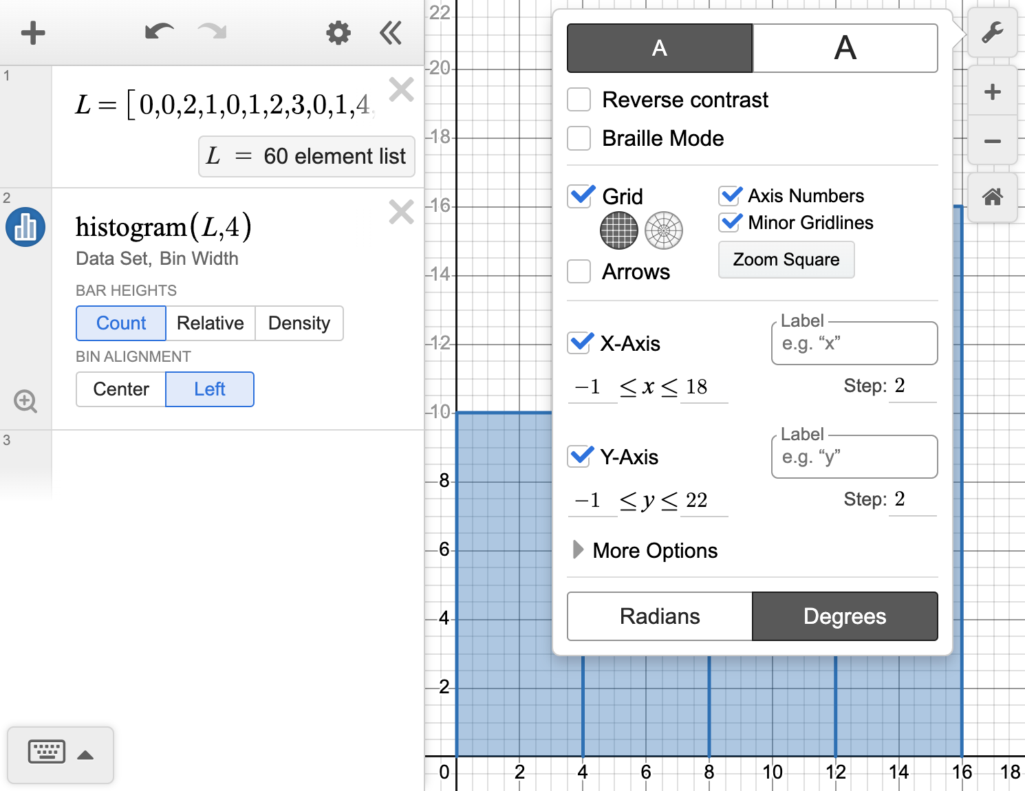 A screenshot of the Desmos graphing calculator showing how to use the settings to adjust the view of the histogram. Speak to your teacher for more details.