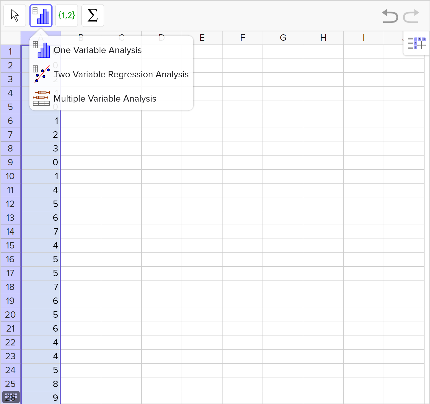 A screenshot of the GeoGebra Statistics tool showing the menu that contains the One Variable Analysis option. Speak to your teacher for more details.