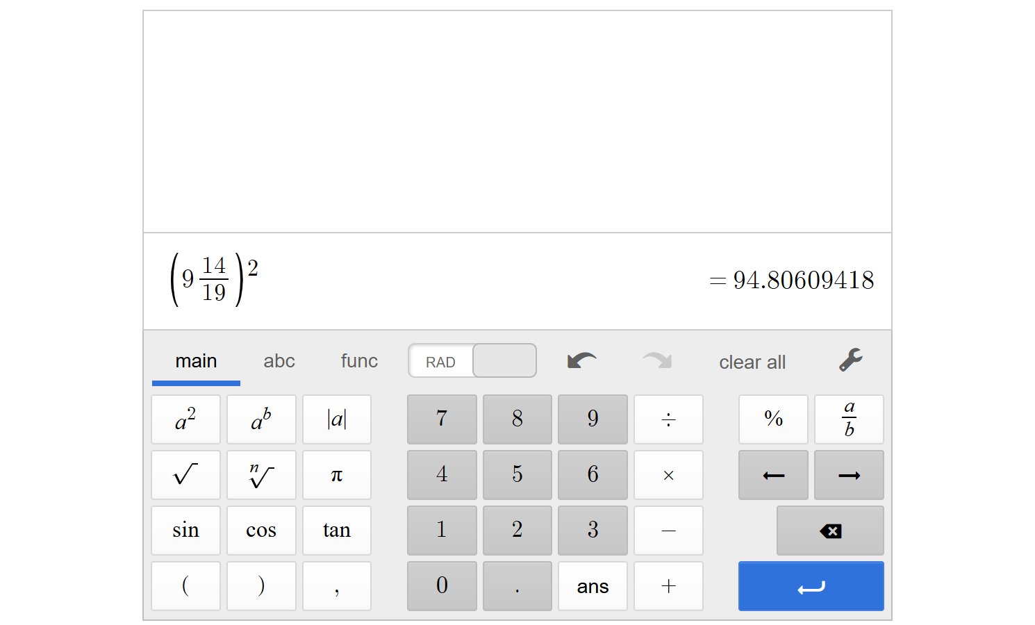 A screenshot of the Desmos scientific calculator with the expression 9 and 14 over 15 quantity squared, which is equal to 94.80609418.