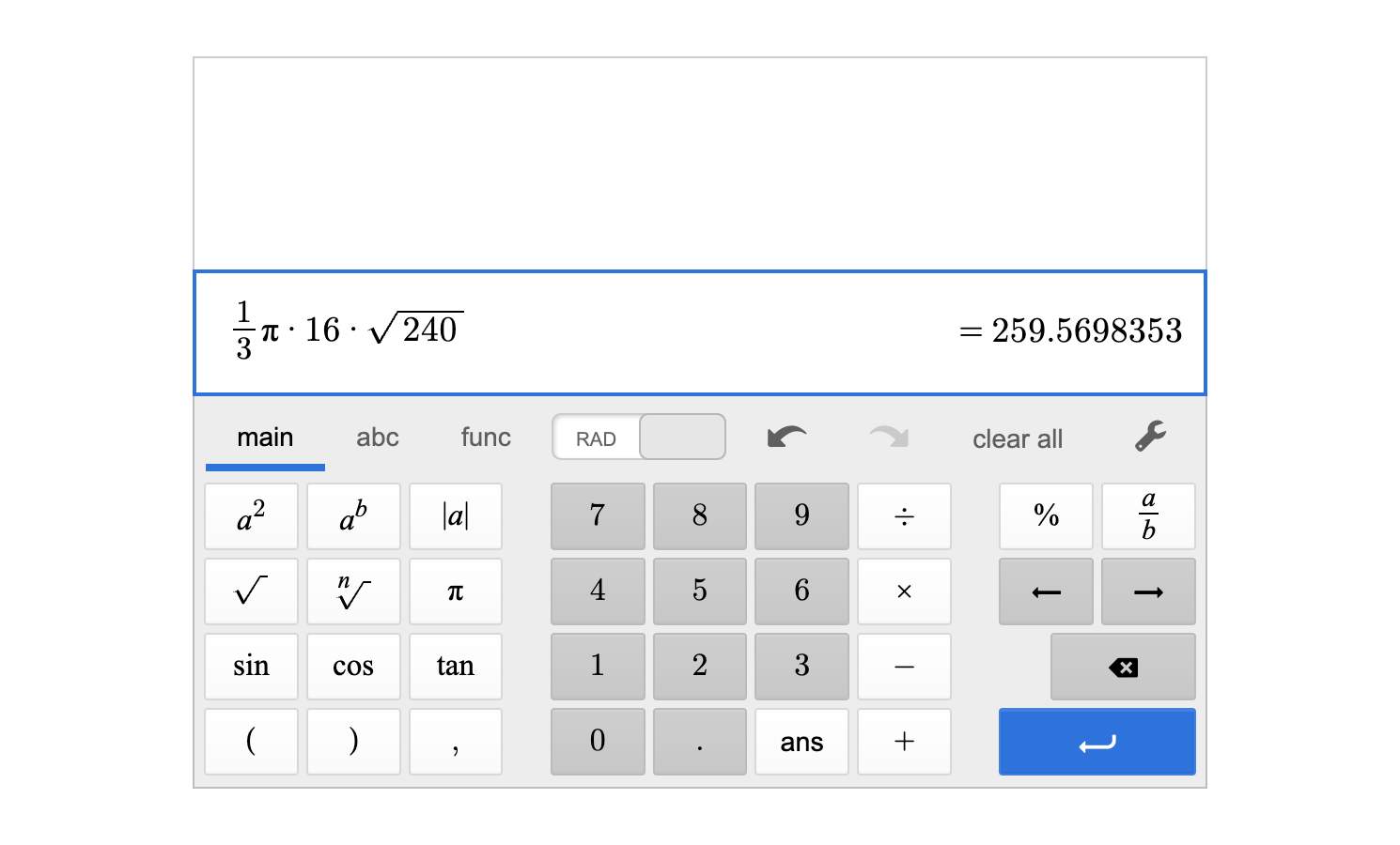 A screenshot of the Desmos scientific calculator showing one third pi times 16 times the square root of 240 is equal to 259.5698353.