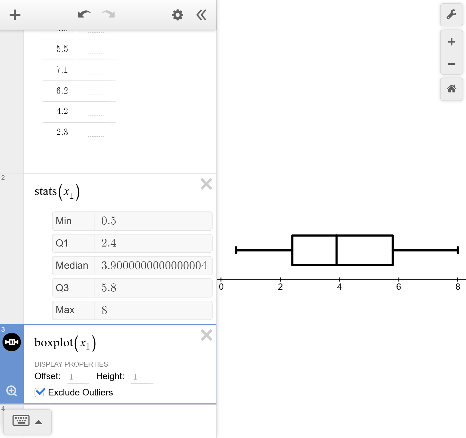 The Desmos graphing calculator with a table and a box plot shown. The table has all of the data in the x one column. Stats parentheses x one parentheses is in the input box. min is 0.5, Q1 is 2.4, median is 3.9, Q3 is 5.8, max is 8. boxplot parentheses x one parentheses is in the next input box.