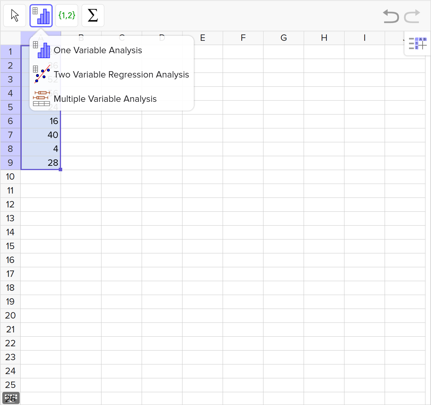 A screenshot of the GeoGebra Statistics tool showing the menu that contains the One Variable Analysis option. Speak to your teacher for more details.