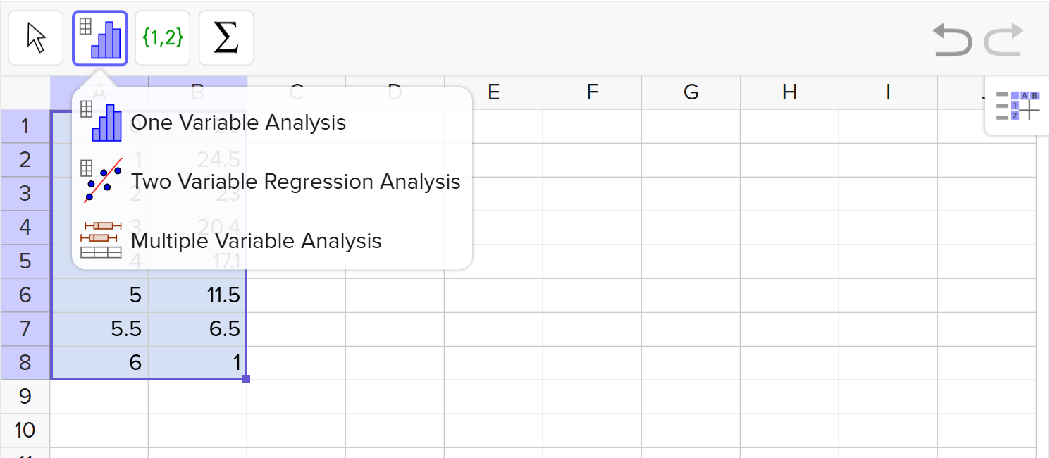 A screenshot of the GeoGebra statistics tool showing how to select the Two Variable Regression Analysis option. Speak to your teacher for more details.