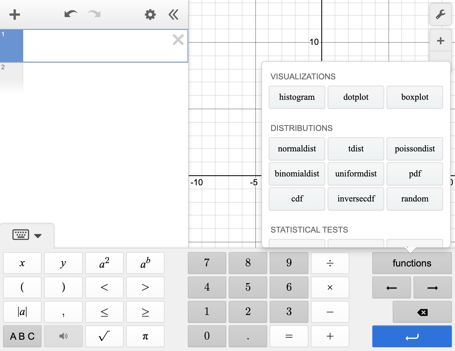 A screenshot of the Desmos graphing calculator with the keyboard expanded and the functions menu shown. Ask your teacher for more information.