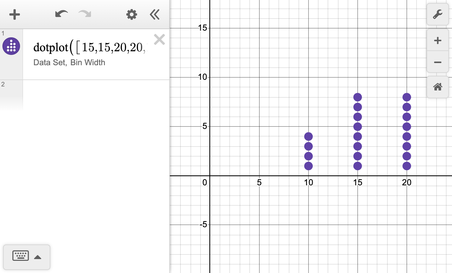 A screenshot of the Desmos graphing calculator showing how to create a dot plot for a given set of data. Ask your teacher for more information.