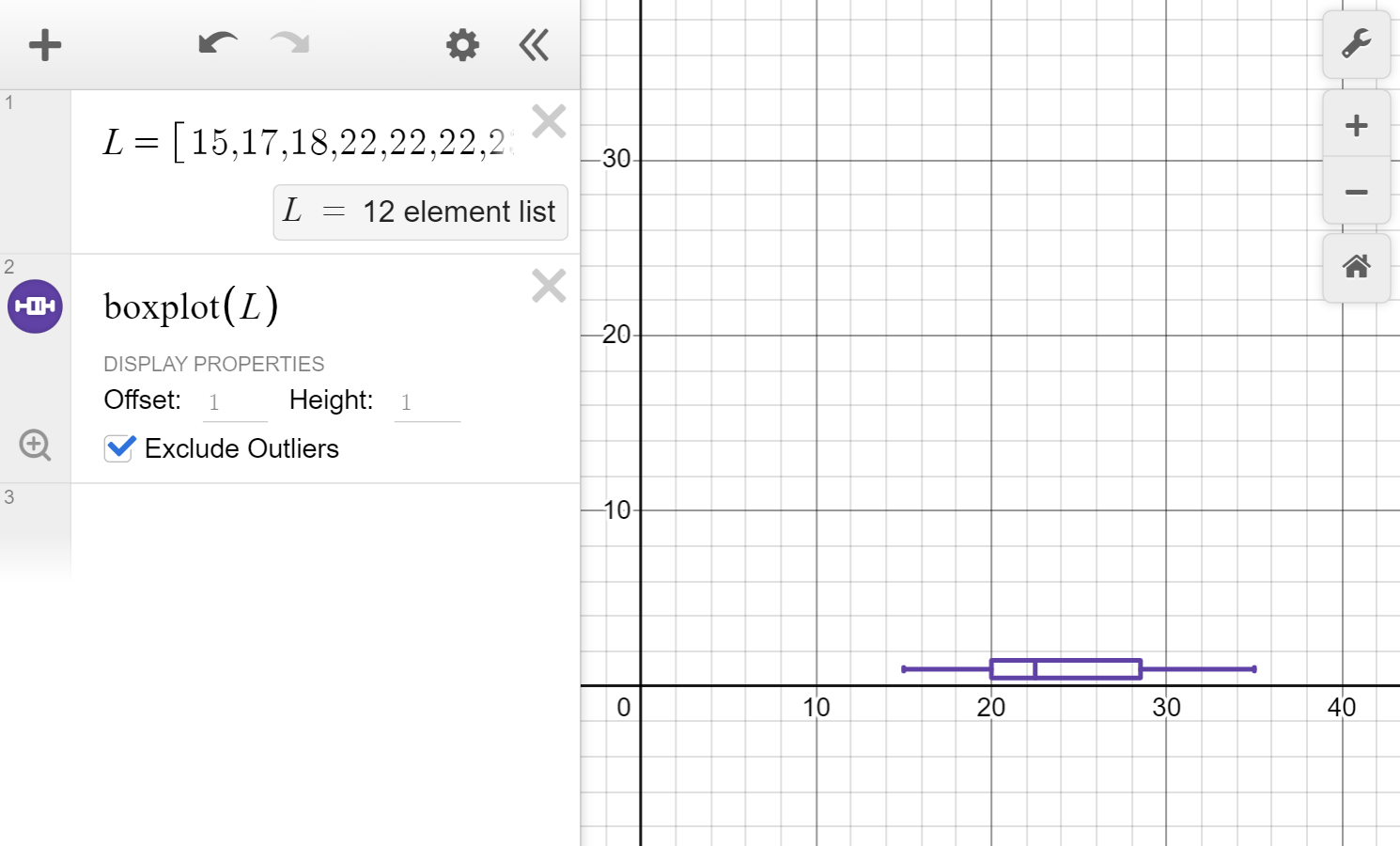 A screenshot of the Desmos graphing calculator showing how to generate a boxplot of a given data set. Speak to your teacher for more details.