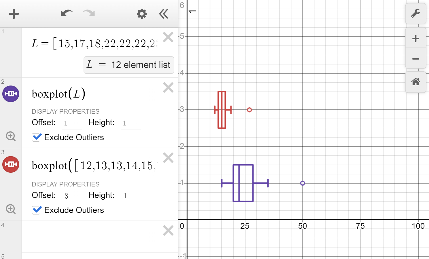 A screenshot of the Desmos graphing calculator showing how to generate parallel boxplots of given data sets. Speak to your teacher for more details.