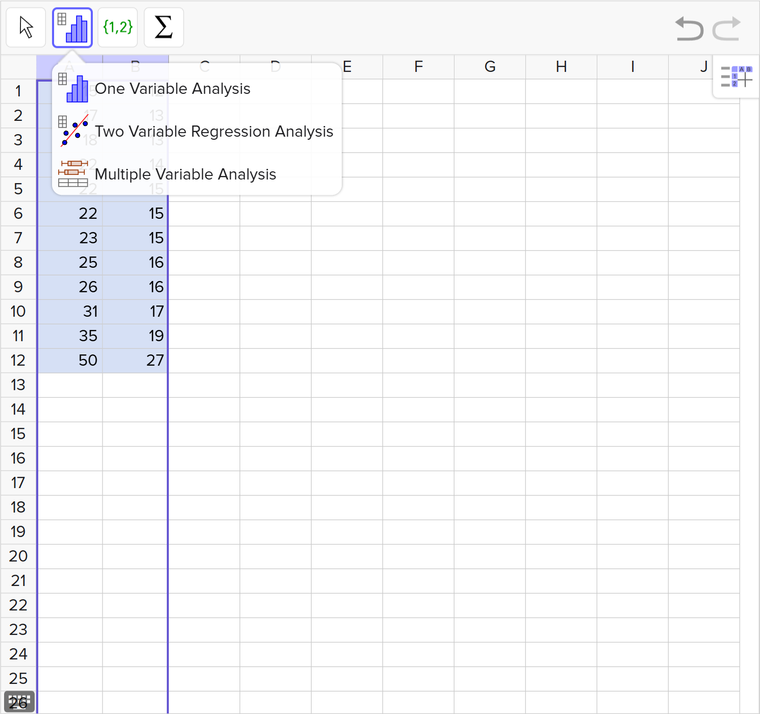 A screenshot of the GeoGebra statistics tool showing how to select the Multiple Variable Regression Analysis option. Speak to your teacher for more details.