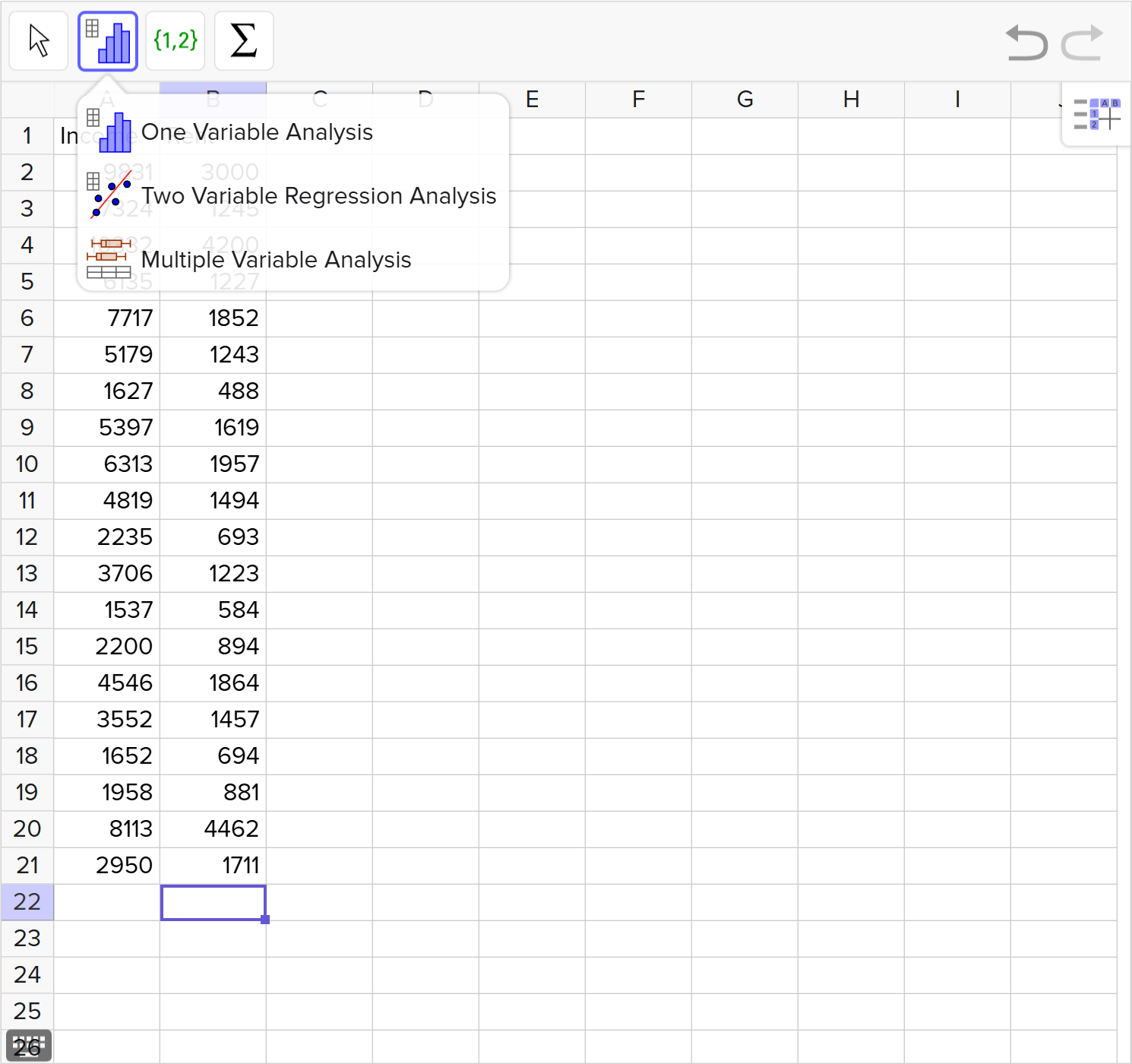 A screenshot of the GeoGebra statistics tool showing how to select the Two Variable Regression Analysis option. Speak to your teacher for more details.