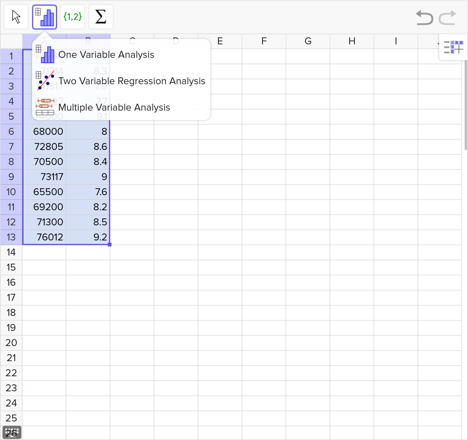 A screenshot of the GeoGebra statistics tool showing how to select the Two Variable Regression Analysis option. Speak to your teacher for more details.